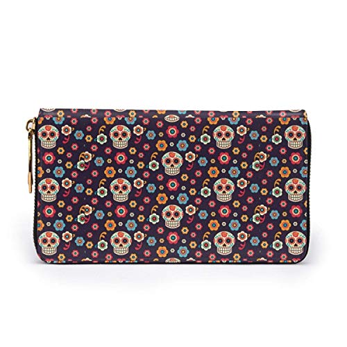 GYHJH Sugar Skulls Ladies Leather Clutch Slim Compact Zipper Wallet Monedero Grande Impermeable Organizador de Tarjetas Duradero con Ranuras