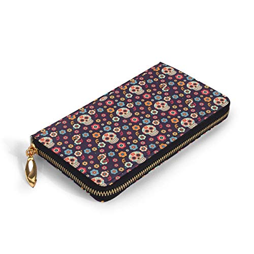 GYHJH Sugar Skulls Ladies Leather Clutch Slim Compact Zipper Wallet Monedero Grande Impermeable Organizador de Tarjetas Duradero con Ranuras