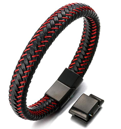 Halukakah Plus ● Jazz ● Pulsera Hombre Cuero Genuina Cierre Magnético Titanio Acero Inoxidable 8.5"-9"(21.5-23cm) con CajaDeRegaloGRATIS