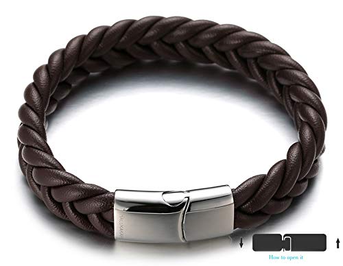 Halukakah ● Roma ● Hombres Cuero Genuino Marrón Hecho a Mano Pulsera Trenza Patrón V Plata Cierre Magnético de Titanio Acero Inoxidable 8.5"(21.5cm) con CajaDeRegaloGRATIS