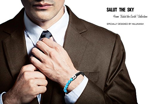 Halukakah ● Saluda La Tierra ● Pulsera Hombre Cuero Genuina con Cuentas Azul Turquesa, Ingenioso Cierre Magnético, 8.46"(21.5cm) con CajaDeRegaloGRATIS
