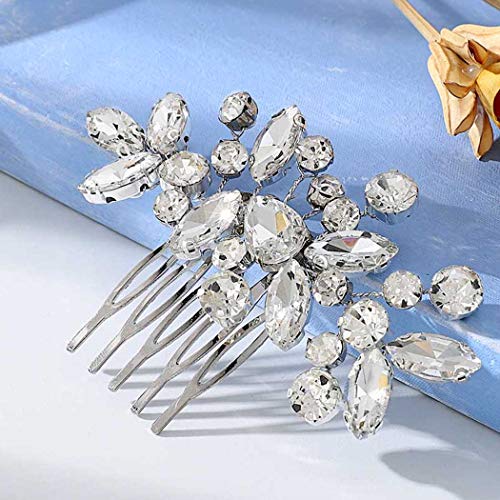 Handcess - Peines para el pelo de novia, cristal plateado, accesorios para el cabello