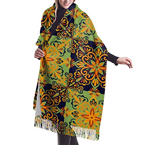 Hangdachang Bufanda mexicana de talavera con baldosas de cerámica para mujer, bufanda de cachemir, 27 * 77 pulgadas