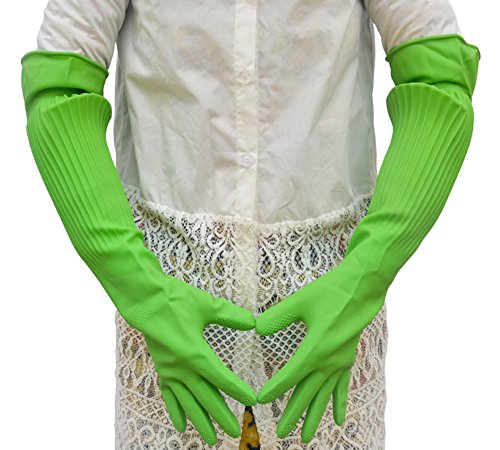 Hangnuo - Guantes de goma hasta el codo, impermeables, reutilizables - Para cocina, jardín, limpieza - 1 par de 58 cm verdes y naranjas, Verde, Large