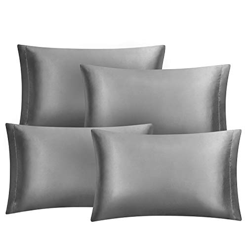 Hansleep Funda Almohada de Satén Sedoso, 50x75 cm 4 Piezas para Pelo Rizado - Microfibra Suave Liso sin Cremallera & Hipoalergénico Antiarrugas, Gris Oscuro