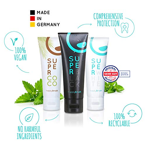 happybrush pasta de dientes para blanqueamiento dental natural | sin plástico y vegano | carbón activado, blanqueamiento y menta | SuperBlack, SuperWhite & SuperCocopasta de dientes (6 piezas 75ml)