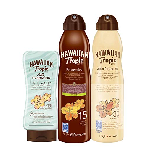 Hawaiian Tropic PACK Satin Tanned Up - Kit protector de bronceado - Incluye Bruma Protector Solar SPF 30 + Bruma de Aceite Argan SPF 15 + After Sun Silk Hydration 