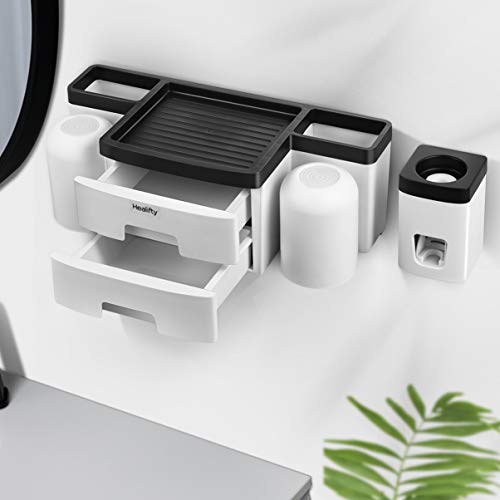 Healifty Porta Cepillo de Dientes - para Montaje en Pared de Baño - con Dispensador de Pasta de Dientes - Cepillo de Dientes Eléctrico Maquinilla de Afeitar Organizador (2 Tazas)