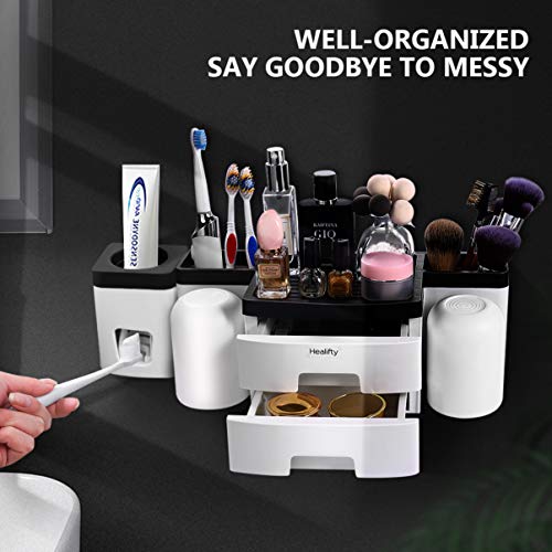 Healifty Porta Cepillo de Dientes - para Montaje en Pared de Baño - con Dispensador de Pasta de Dientes - Cepillo de Dientes Eléctrico Maquinilla de Afeitar Organizador (2 Tazas)