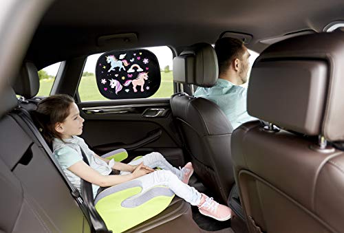 HECKBO® Parasol Autoadhesivo para Coche - protección Solar para niños (2 Piezas) | Unicornio | protección Solar para ventanillas de Coche | 48x31cm | Parasol para Coche con Bolsa Incl.