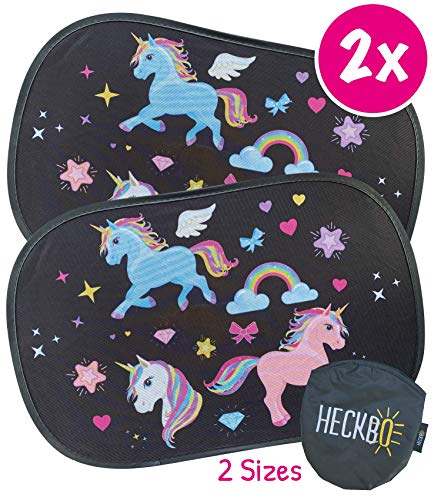 HECKBO® Parasol Autoadhesivo para Coche - protección Solar para niños (2 Piezas) | Unicornio | protección Solar para ventanillas de Coche | 48x31cm | Parasol para Coche con Bolsa Incl.