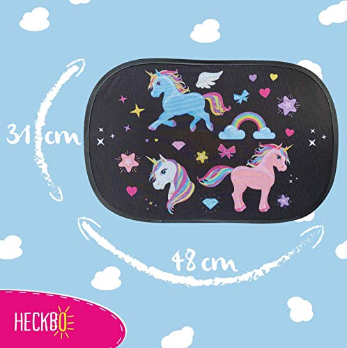 HECKBO® Parasol Autoadhesivo para Coche - protección Solar para niños (2 Piezas) | Unicornio | protección Solar para ventanillas de Coche | 48x31cm | Parasol para Coche con Bolsa Incl.