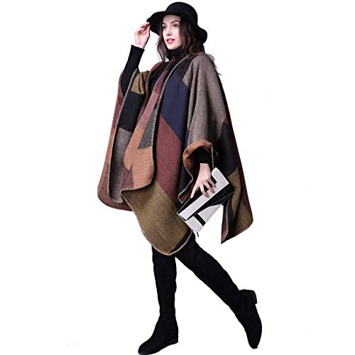 heekpek Poncho de Punto Mujer Cuadros Tartán Poncho Reversible de Otoño Multicolor Capa Mujer Elegante para Invierno