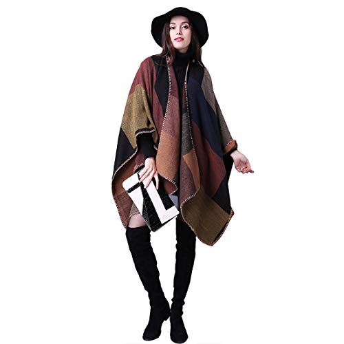heekpek Poncho de Punto Mujer Cuadros Tartán Poncho Reversible de Otoño Multicolor Capa Mujer Elegante para Invierno