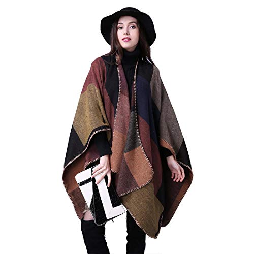 heekpek Poncho de Punto Mujer Cuadros Tartán Poncho Reversible de Otoño Multicolor Capa Mujer Elegante para Invierno