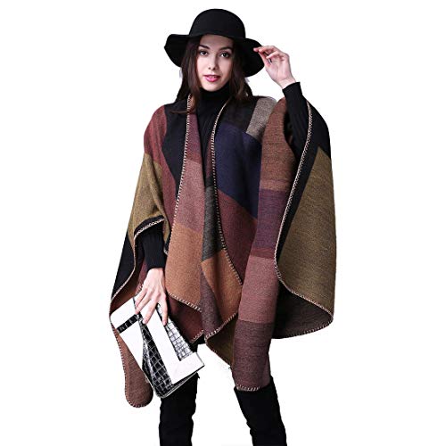 heekpek Poncho de Punto Mujer Cuadros Tartán Poncho Reversible de Otoño Multicolor Capa Mujer Elegante para Invierno