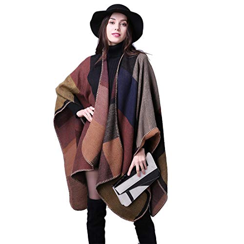 heekpek Poncho de Punto Mujer Cuadros Tartán Poncho Reversible de Otoño Multicolor Capa Mujer Elegante para Invierno