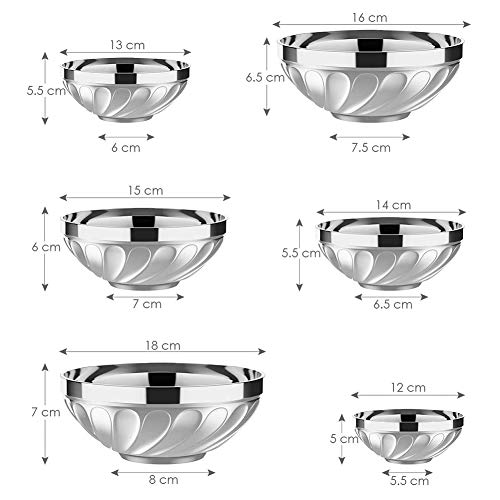 HELEN CURTAIN Acero Inoxidable Tazón Cuencos De Repuesto De Septiembre De 6 Inicio Uso De Cocina con Doble Capa De Aislamiento Térmico,Plata