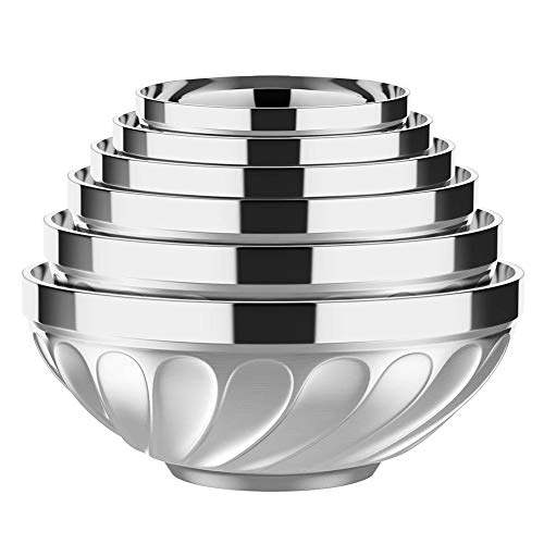 HELEN CURTAIN Acero Inoxidable Tazón Cuencos De Repuesto De Septiembre De 6 Inicio Uso De Cocina con Doble Capa De Aislamiento Térmico,Plata