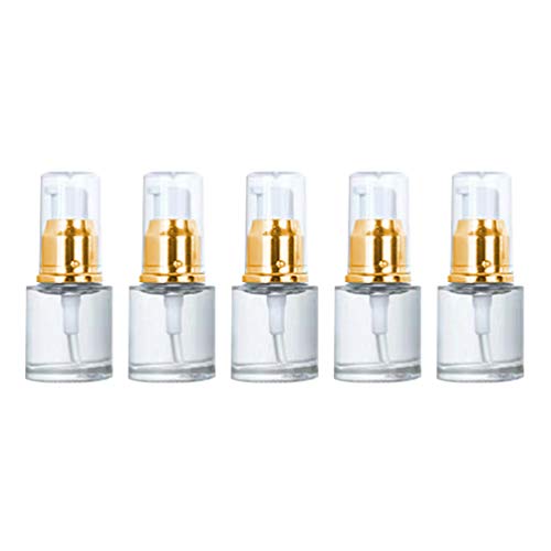 Hemoton 5 Piezas Botella de Bomba de Vidrio Mini Vacía Botella de Perfume Cosmética Recargable Dispensador de Aceite Esencial Botellas de Bomba para Viajes a Domicilio 20 Ml (Dorado + Blanco)