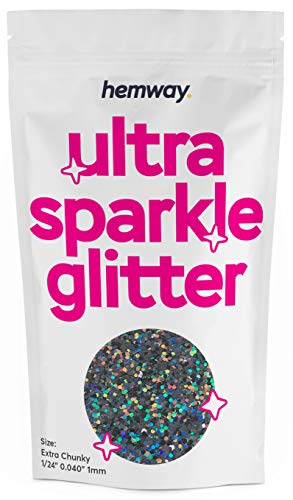 Hemway - Purpurina extragruesa (1 mm/1000 micras) en polvo - Ideal para pelo, piel, cara, barba y uñas - Para decoración, manualidades, postales y fiestas - Efecto holograma - Gris metalizado - 100 g