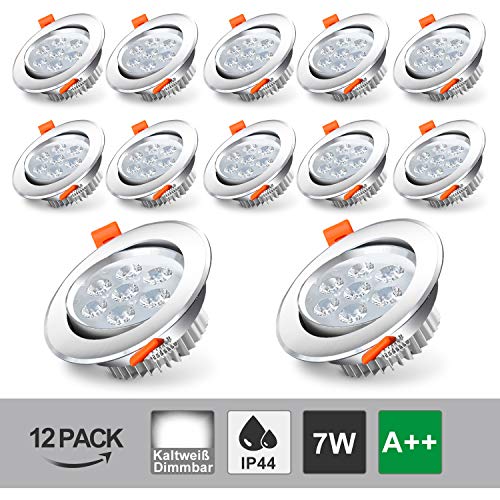 Hengda 12x 7W Foco Empotrable LED Techo Regulable Blanco Frio IP44 de techo de iluminación 560lm LED Downlight para Salón Corredor Escaleras