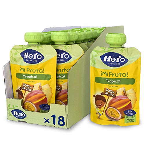 Hero Baby Mi Fruta - Bolsita de Fruta sabor Tropical, Sin Azúcares Añadidos, para Bebés a Partir de los 12 Meses - Pack de 18 x 100 g