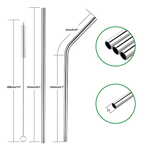 Hianjoo Pajitas de Acero Inoxidable, 8 Packs Pajas de Beber de Metal Ecológicas Reutilizables para Milkshake Zalamero Cócteles Whisky Bebidas Calientes, 2 Cleaning Brush, Plata