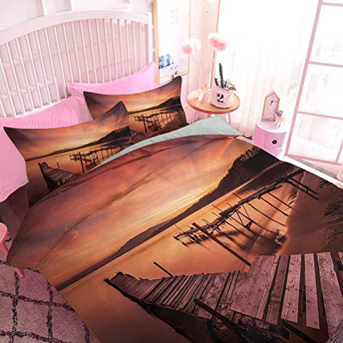 Hiiiman Decoración para el hogar Textil Viejo Muelle rústico en la playa y Cielo tranquilo Romántico Puro Crepúsculo Concepto Escénico (3 piezas, tamaño king) 1 funda de edredón y 2 fundas de almohada