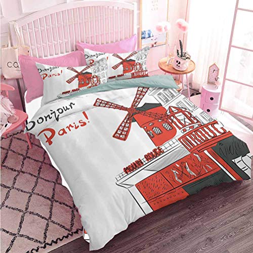 Hiiiman - Juego de 3 piezas de edredón premium con diseño de paisaje urbano con cabaret Moulin Rouge en la ciudad moderna de París (3 piezas, tamaño completo) con 2 fundas de almohada