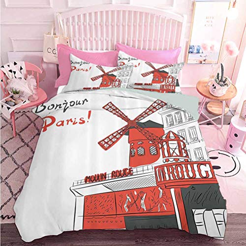 Hiiiman - Juego de 3 piezas de edredón premium con diseño de paisaje urbano con cabaret Moulin Rouge en la ciudad moderna de París (3 piezas, tamaño completo) con 2 fundas de almohada