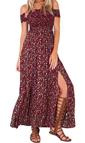Hikong Vestido Largo de Mujer Verano Fuera de Hombro Hendidura Lateral Falda Maxi Floral de Playa Fiesta Noche Elegante