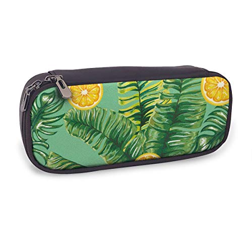 Hojas de palmera con naranjas cítricas en un estuche para bolígrafos tropical de gran capacidad Cremalleras dobles con compartimentos para niñas, niños y adultos