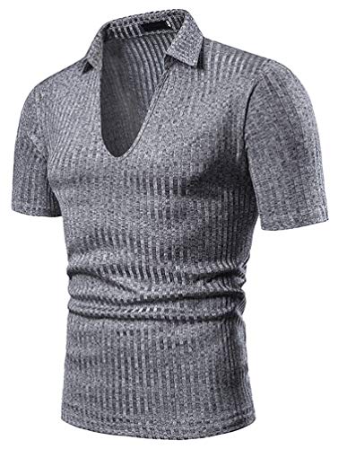 Hombre Camisetas Moda Joven Basicas Esenciales T-Shirt Tops Manga Corta V-Cuello Pozos Rayas Verticales Hombres T-Shirt Casual Color Sólido (Gris,L)