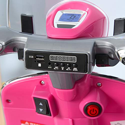 HOMCOM Moto Eléctrica Vespa Faros Música 2 Ruedas Auxiliares para Niños Mayores de 3 Años Motocicleta Infantil Autorizada 108x49x75 cm Rosa