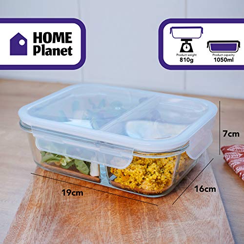 Home Planet Recipientes de Cristal para Alimentos con 2 Compartimentos | 1050ml X 3 | 97% embalaje de plástico eliminado | Envases Cristal Alimentos | Contendores