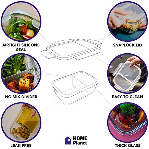 Home Planet Recipientes de Cristal para Alimentos con 2 Compartimentos | 1050ml X 3 | 97% embalaje de plástico eliminado | Envases Cristal Alimentos | Contendores
