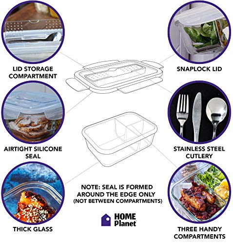 Home Planet Recipientes de Cristal para Alimentos con 3 Compartimentos y Cubiertos | 1050ml X 3 | 97% Embalaje de plástico eliminado | Envases Cristal Alimentos | Microondas