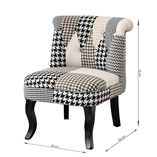 Homely - Butaca de Estilo Vintage Lara tapizada en Tela Patchwork Pata de Gallo y pies de Madera en Negro