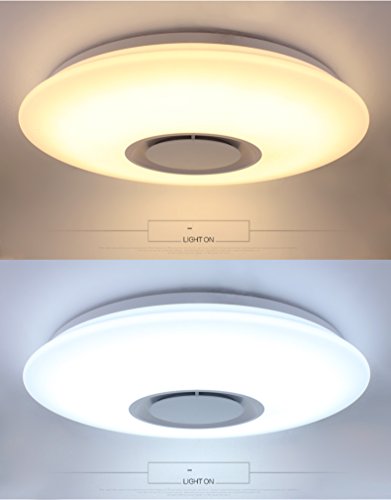 Horevo Plafon con altavoz LED Lámpara de Techo con Altavoz Bluetooth, Certificado CE, 24W, 1800 Lúa Menes, 6500K Cool Blanco Calido Ajustable + Luz de Colores, APP + Mando a Distanci