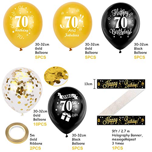 HOWAF 70th Birthday Decoration Kit, Include 9ft/2.7m Happy Birthday Foil Holographic Banner and 70th Birthday Balloons for Women Men 70th Birthday Party Decoration Supplies, Black Gold (Age 70)