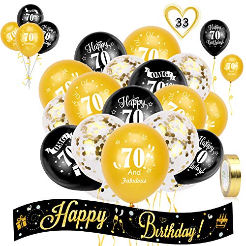 HOWAF 70th Birthday Decoration Kit, Include 9ft/2.7m Happy Birthday Foil Holographic Banner and 70th Birthday Balloons for Women Men 70th Birthday Party Decoration Supplies, Black Gold (Age 70)