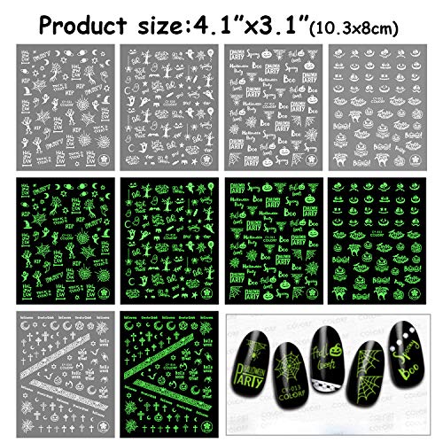 HOWAF Halloween 3D Nail Art Stickers Calcomanías,600+ Brillan en la Oscuridad Halloween Uñas Pegatinas Autoadhesiva Manicura Decorativas para Niñas Halloween Maquillaje Disfraz Artículos Decoración