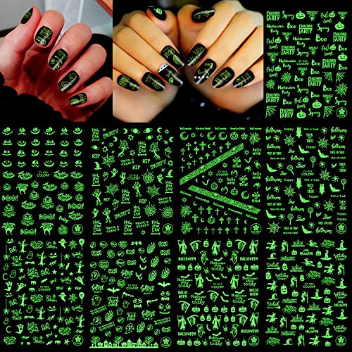 HOWAF Halloween 3D Nail Art Stickers Calcomanías,600+ Brillan en la Oscuridad Halloween Uñas Pegatinas Autoadhesiva Manicura Decorativas para Niñas Halloween Maquillaje Disfraz Artículos Decoración