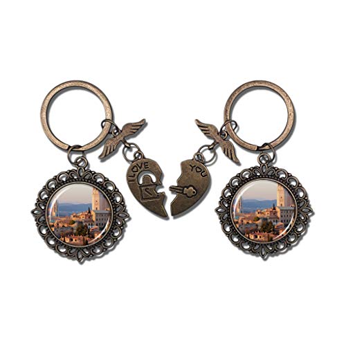 Hqiyaols Keychain Catedral de España Girona Pareja Llavero Día de San Valentín Llavero Adornos Recuerdo Coleccionable Cristal redondo Bronce Metal 2pcs / Set