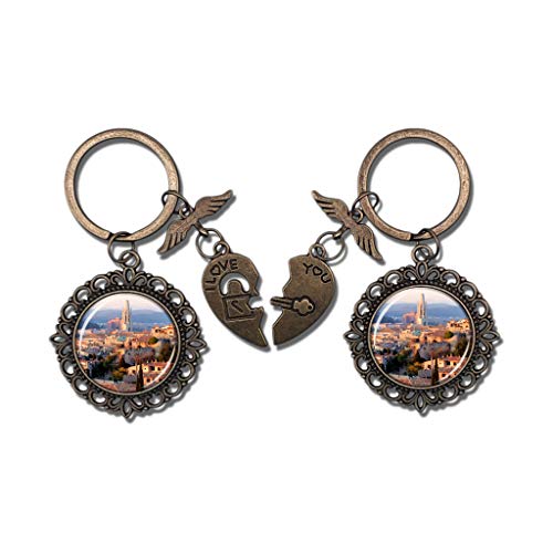 Hqiyaols Keychain España Girona Pareja Llavero Día de San Valentín Llavero Adornos Recuerdo Coleccionable Cristal redondo Bronce Metal 2pcs / Set