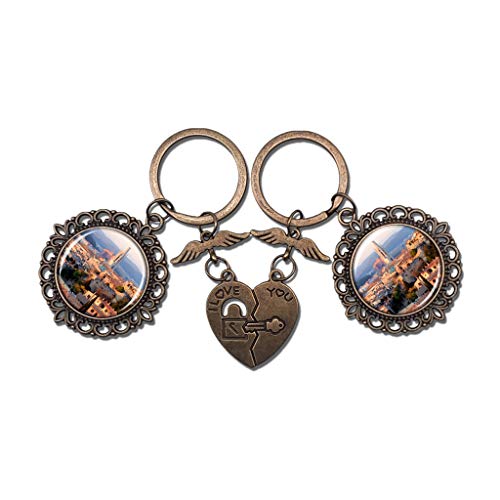Hqiyaols Keychain España Girona Pareja Llavero Día de San Valentín Llavero Adornos Recuerdo Coleccionable Cristal redondo Bronce Metal 2pcs / Set