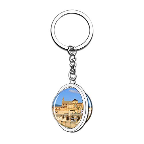 Hqiyaols Keychain España Mezquita de Córdoba y Catedral Puente Romano Cristal Girar Acero Inoxidable Llavero Viajes Ciudad Recuerdo Llavero