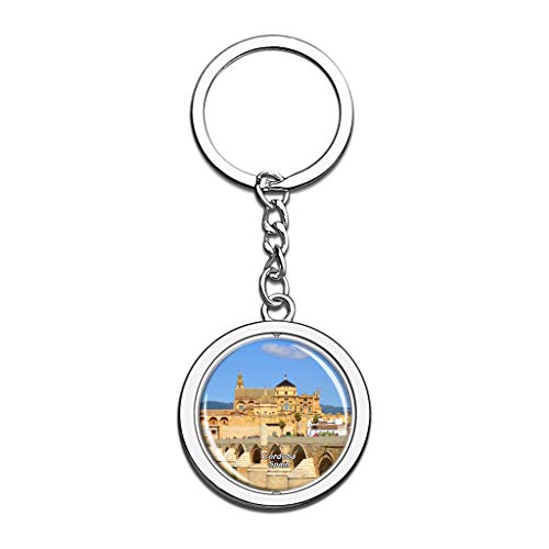 Hqiyaols Keychain España Mezquita de Córdoba y Catedral Puente Romano Cristal Girar Acero Inoxidable Llavero Viajes Ciudad Recuerdo Llavero