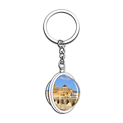 Hqiyaols Keychain España Mezquita de Córdoba y Catedral Puente Romano Cristal Girar Acero Inoxidable Llavero Viajes Ciudad Recuerdo Llavero